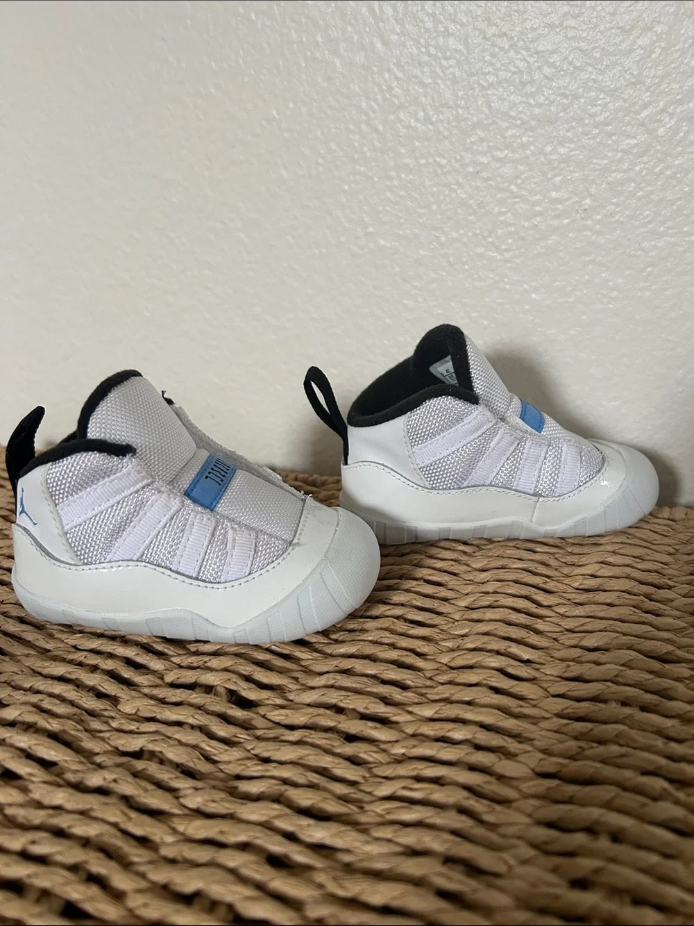 Nike Air Jordan 11 White and Black Baby Crib Walker Shoes with Blue Logo